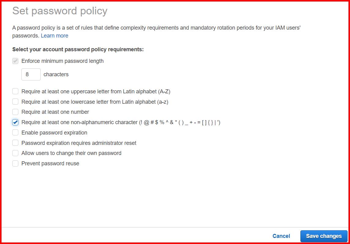 Picture showing the screen for setting the strong password policy rules
